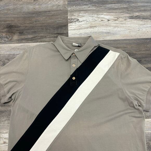 J‎ Lindeberg Gray Black White Chest Striped Mens L Cotton Preppy Golf Polo Shirt - Picture 2 of 8